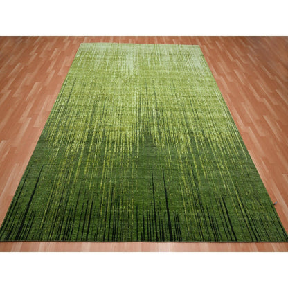 8'2"X10'3" Pickle Green Vertical Ombre Design Hand Knotted Soft Wool Rug