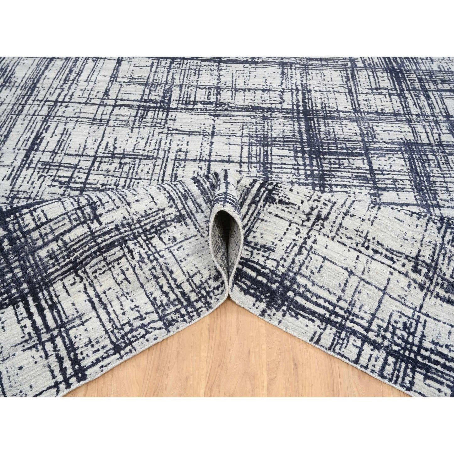 10'X13'9" Black Modern Erased Lines Design Wool And Silk Hand Loomed Rug