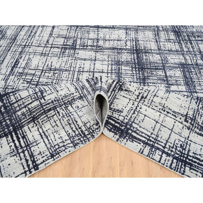 10'X13'9" Black Modern Erased Lines Design Wool And Silk Hand Loomed Rug