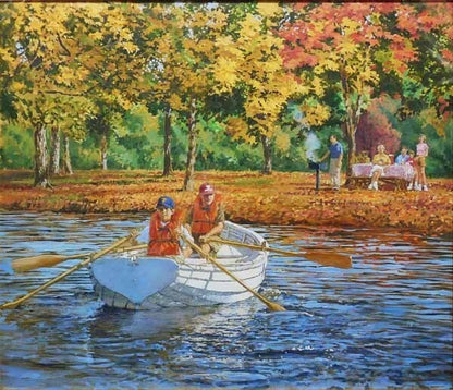 Oil painting of a lake scene with a boat in autumn, signed, large canvas.