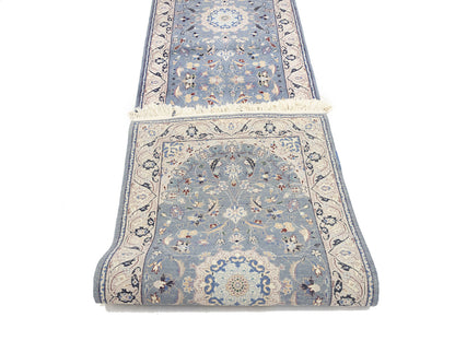 Blue-Gray Indo-Nain Wool Runner Rug Floral