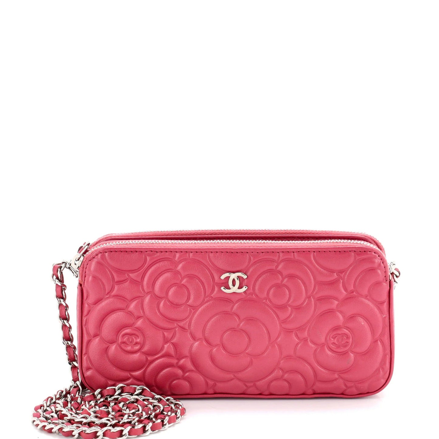 Chanel Double Zip Clutch With Chain Camellia Lambskin