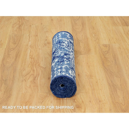 2'6"X8' Blue Hand Knotted Tebraz Leaf Design Wool And Silk Runner Rug