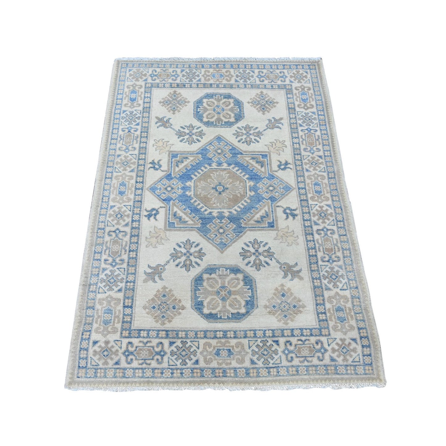 3'3"x4'7" Ivory Vintage Look Kazak Medallion Design Wool Hand Knotted Rug