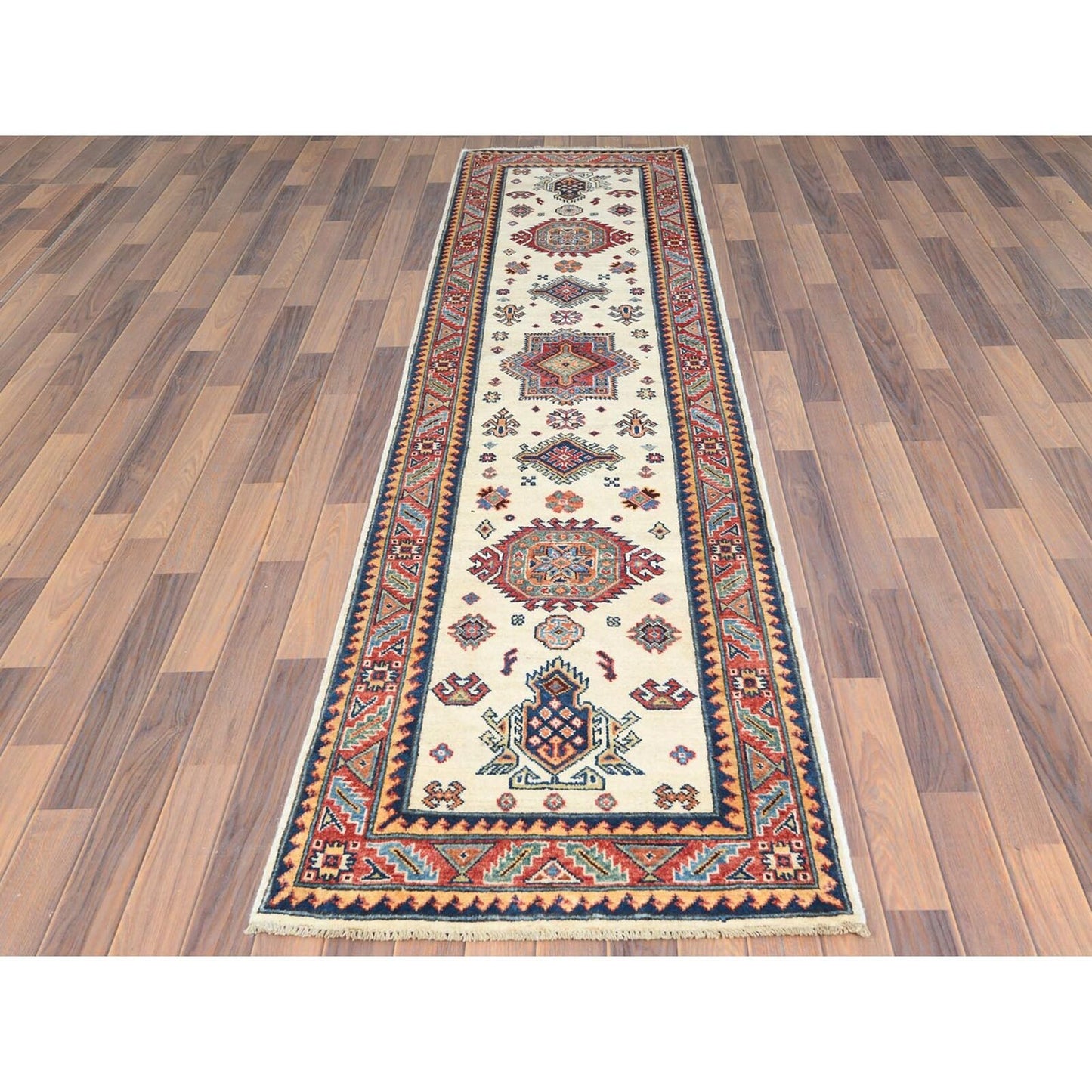 2'7"X9'8" Wool Hand Knotted Ivory Afghan Special Kazak Runner Rug