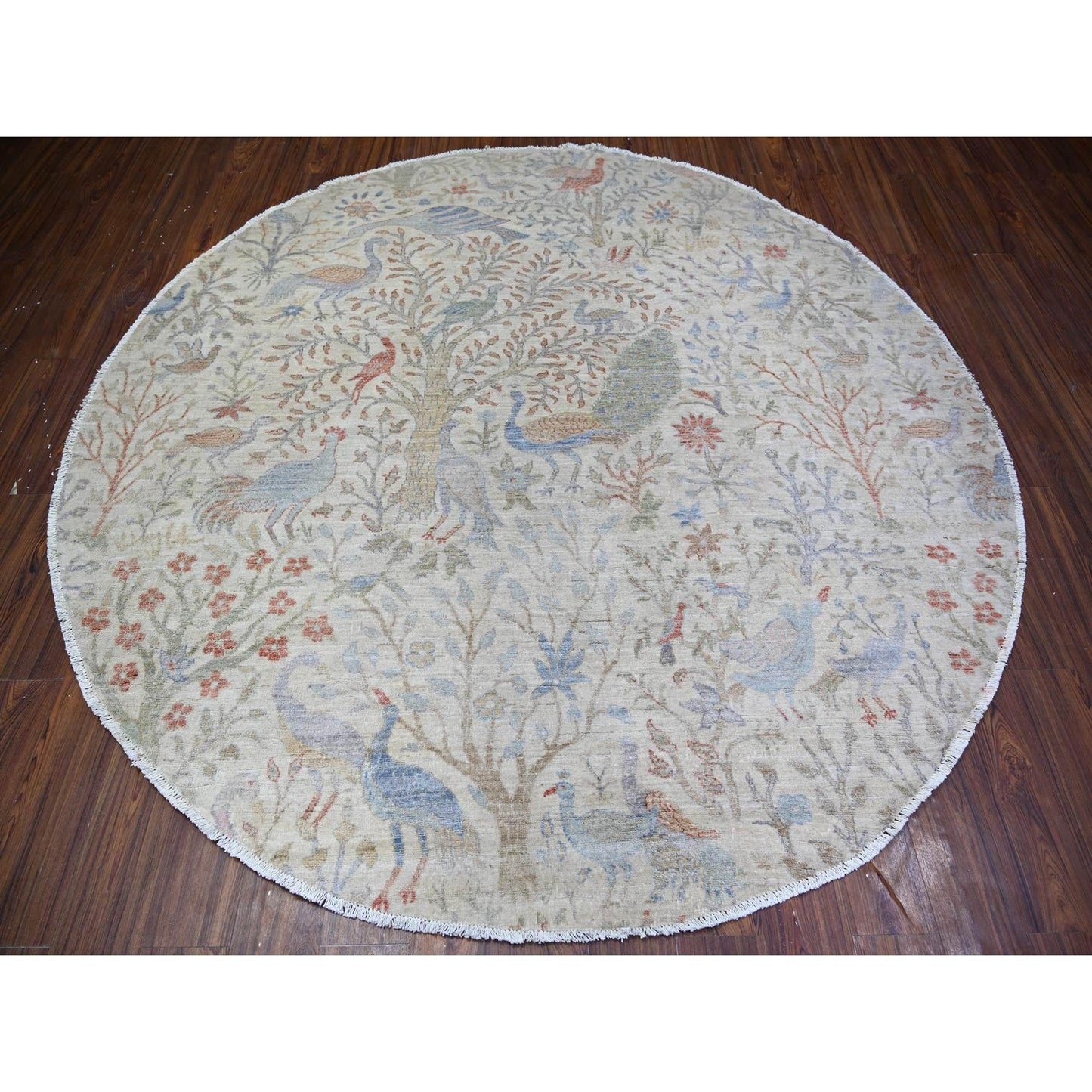 8'X8' Lexicon Ivory Afghan Peshawar Organic Wool Hand Knotted Round Rug
