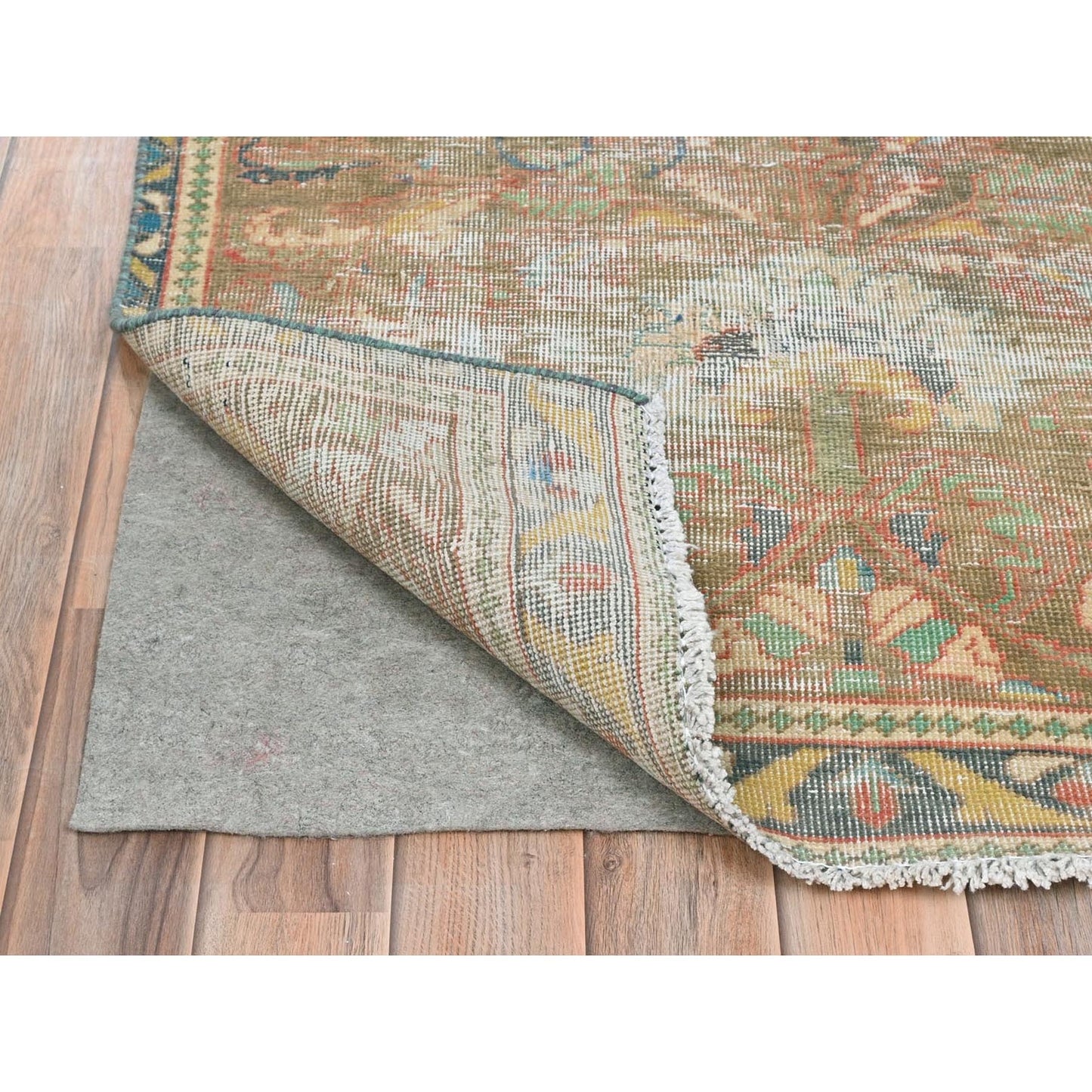 3'X10'1" Taupe Worn Down Old Farsian Hand Knotted Wool Wide Runner Rug