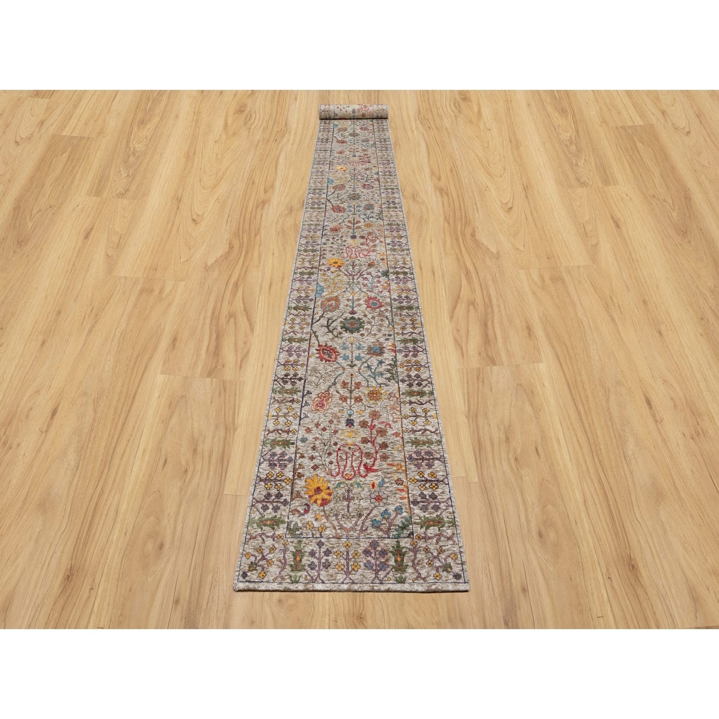 2'7"x22' White Directional Vase Hand Knotted Silk With Wool XL Runner Rug