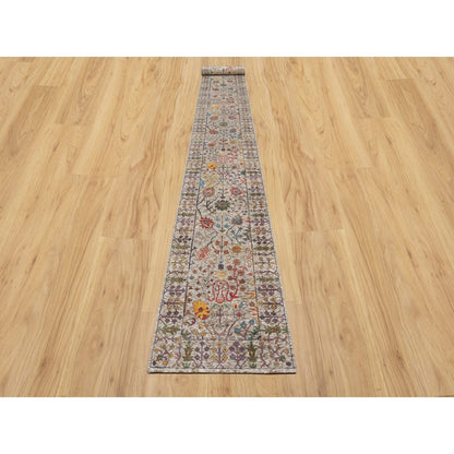 2'7"x22' White Directional Vase Hand Knotted Silk With Wool XL Runner Rug