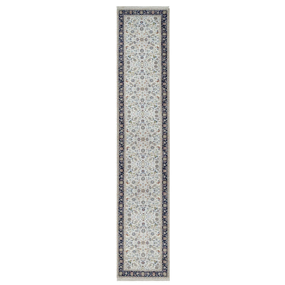 2'8"X14' White Nain Flower Design Wool And Silk Hand Knotted Runner Rug