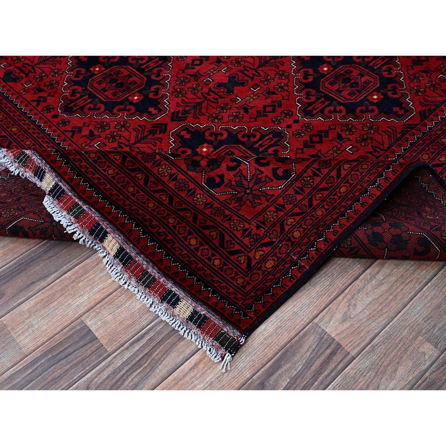 9'9"X12'8" Red Afghan Khamyab Geometric Pattern Hand Knotted Soft Wool Rug