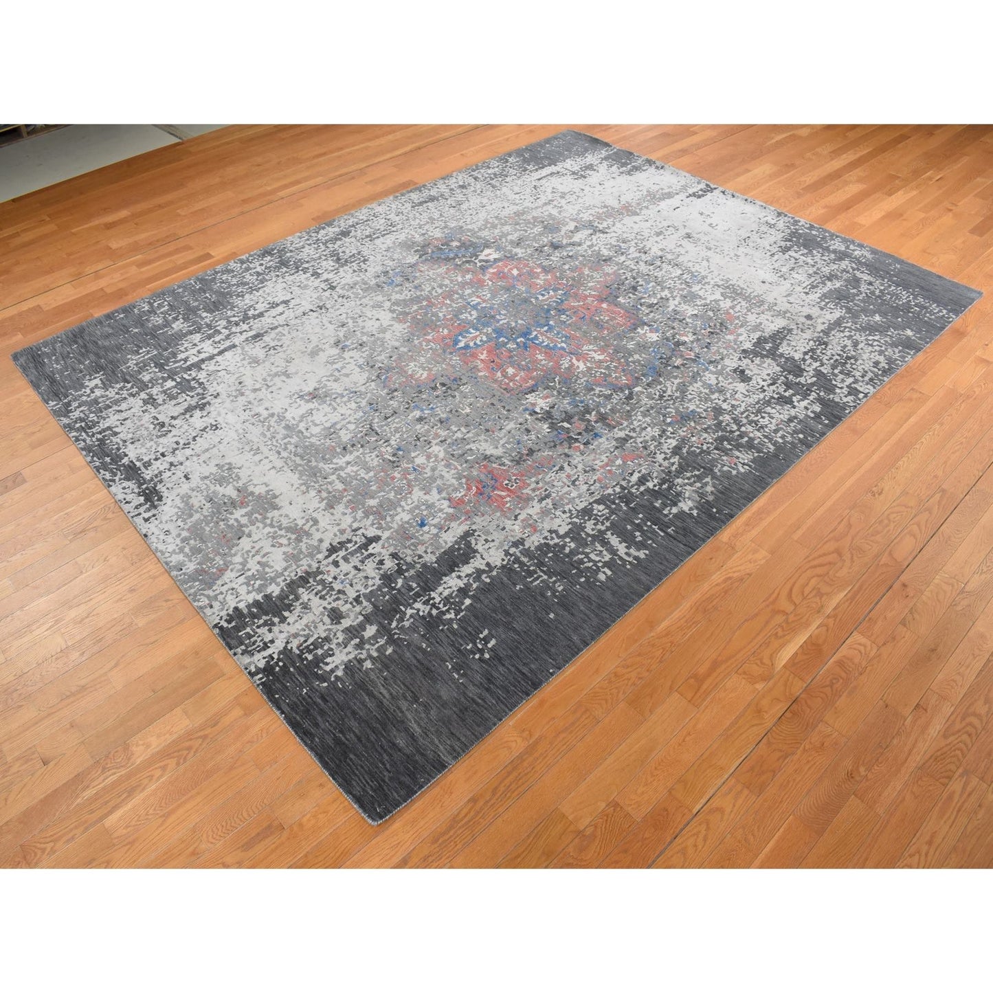 9'2"x12' Arsenic Gray Wool and Silk Erased Heris Design Hand Knotted Rug