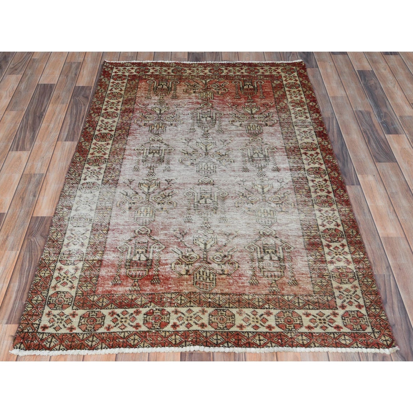 3'9"X6' Brown Worn Wool Hand Knotted Vintage Farsian Sheeraz Rug