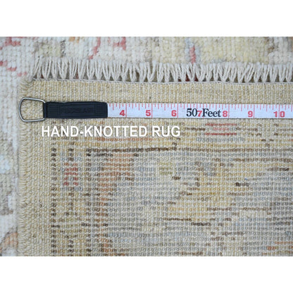 4'X15'10" White Angora Oushak Leaf Design Hand Knotted Wool Runner Rug