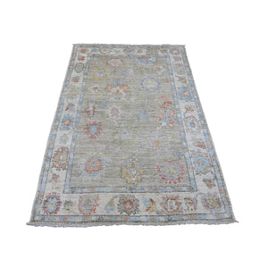 4'3"X6'2" Green Pure Wool Angora Oushak Leaf Pattern Hand Knotted Rug