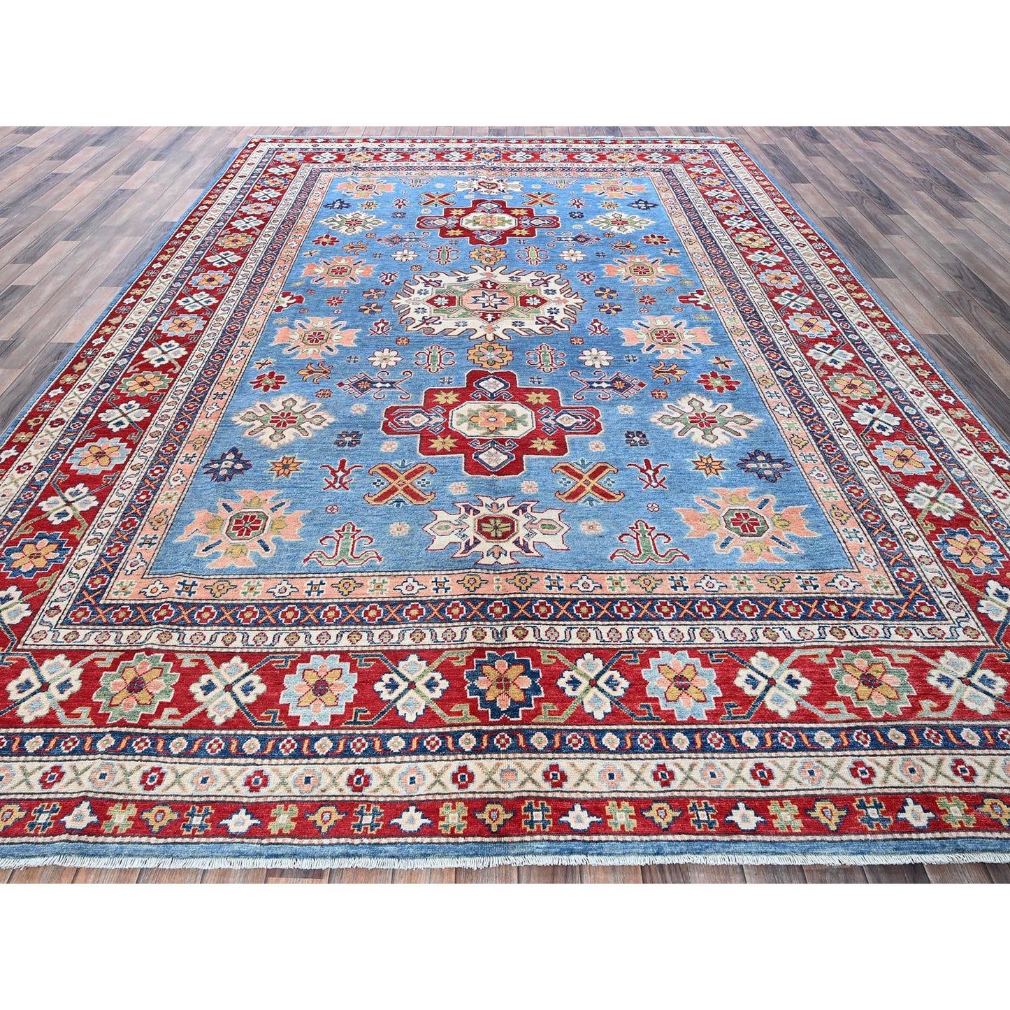8'9"X12'1" Blue Kazak With Medallions Design Hand Knotted Soft Wool Rug