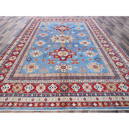 8'9"X12'1" Blue Kazak With Medallions Design Hand Knotted Soft Wool Rug