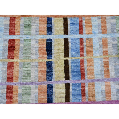 7'10"X9'9" Gray Criss Cross Colorful Line Design Hand Knotted Wool Rug