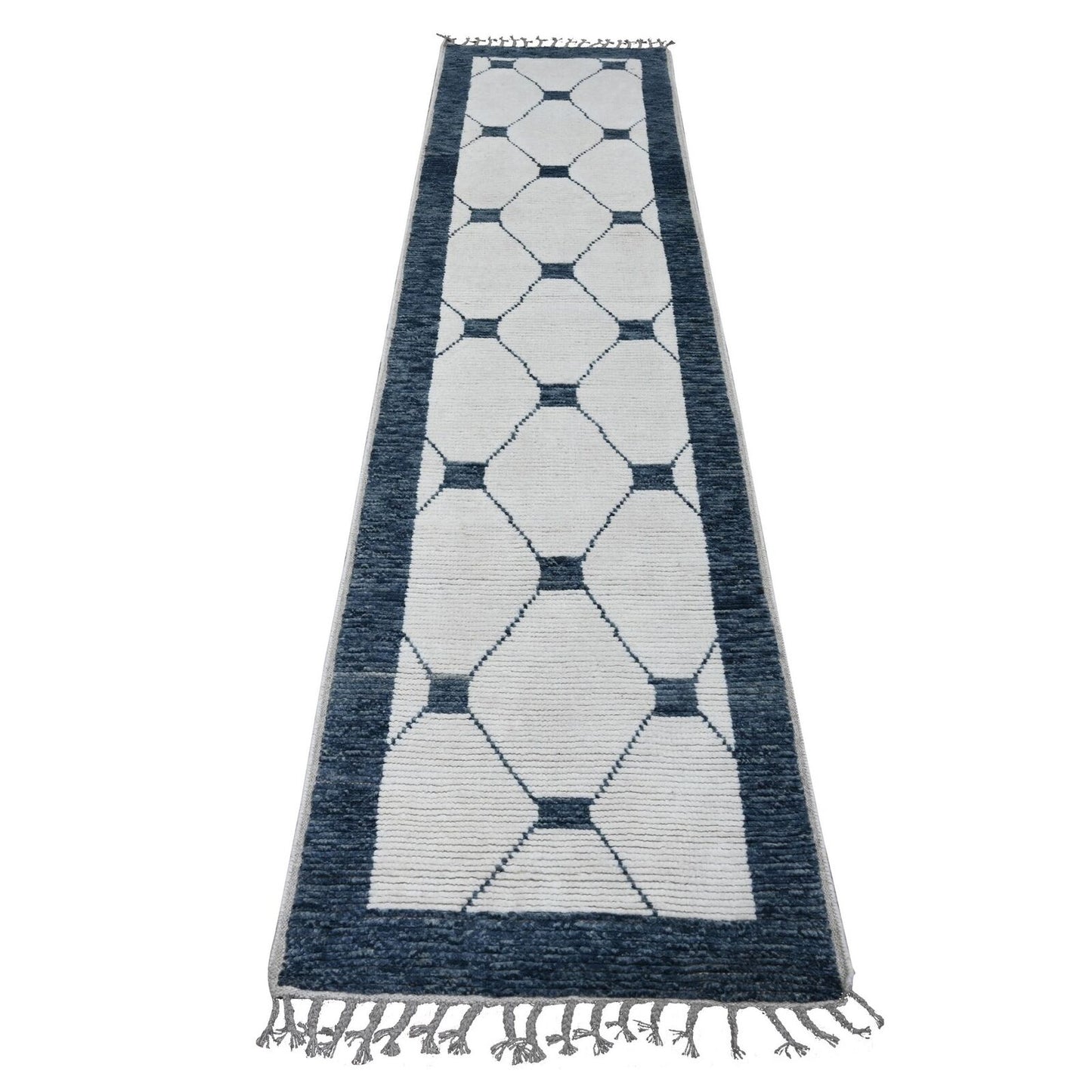 2'6"X10'4" White Geometric Moroccan Weave Hand Knotted Wool Runner Rug