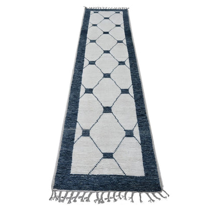 2'6"X10'4" White Geometric Moroccan Weave Hand Knotted Wool Runner Rug