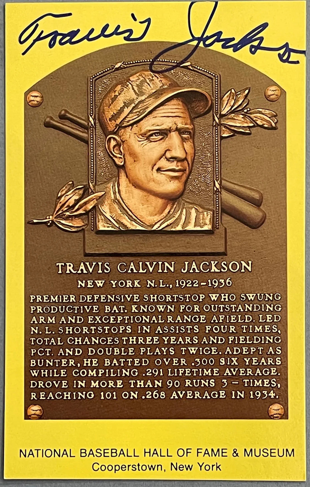 Travis Jackson Autographed Baseball Hall Of Fame Plaque Postcard