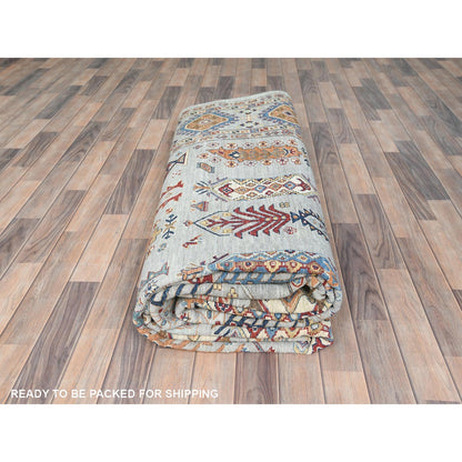 10'X14' Silver Blue Pure Wool Hand Knotted Afghan Super Kazak Rug
