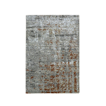 4'X6' Spanish Gray With Rust Abstract Design Pure Wool Hand Knotted Rug