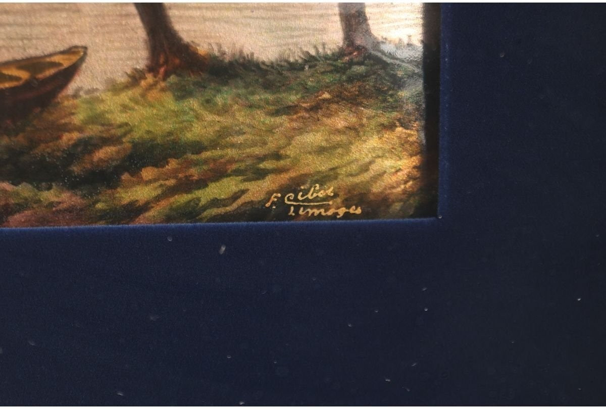 19Thc Limoges Enamel Miniature By F. Cibol  Lake Landscape Boats France
