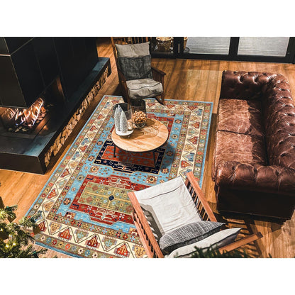 6'X8'6" Maya Blue Armenian Inspired Caucasian Design Wool Hand Knotted Rug