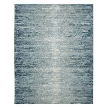 8'X10'1" Blue Horizontal Ombre Design Wool And Pure Silk Hand Knotted Rug
