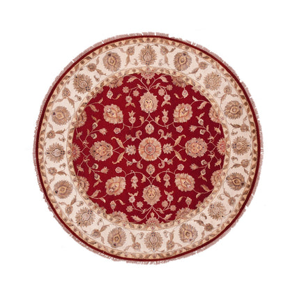 8'X8' Red Rajasthan Leaf Design Wool Silk Pile Hand Knotted Round Rug