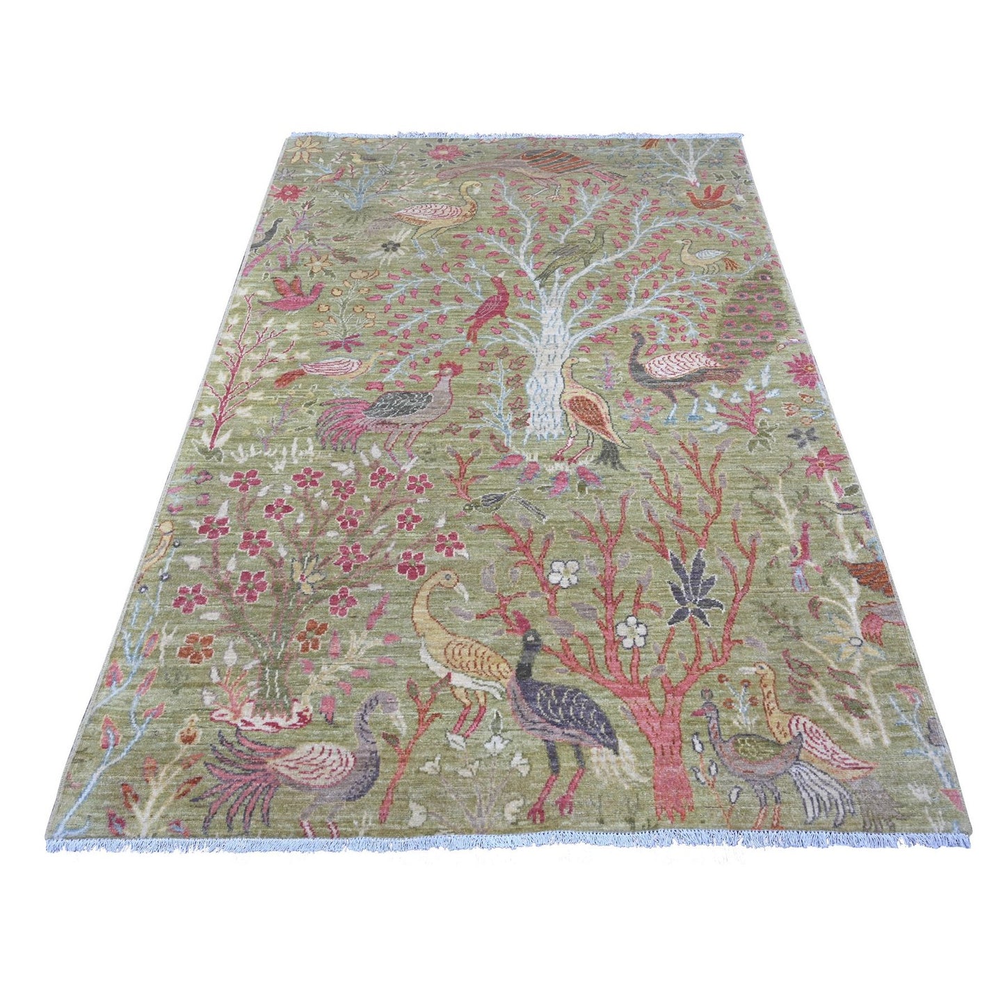 5'X7' Green Peshawar Birds Of Paradise Design Hand Knotted Soft Wool Rug