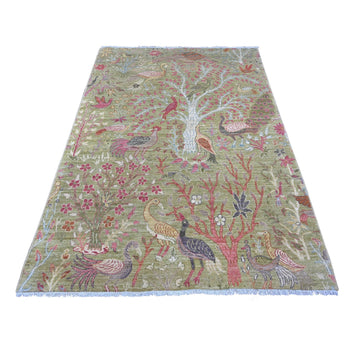 5'X7' Green Peshawar Birds Of Paradise Design Hand Knotted Soft Wool Rug