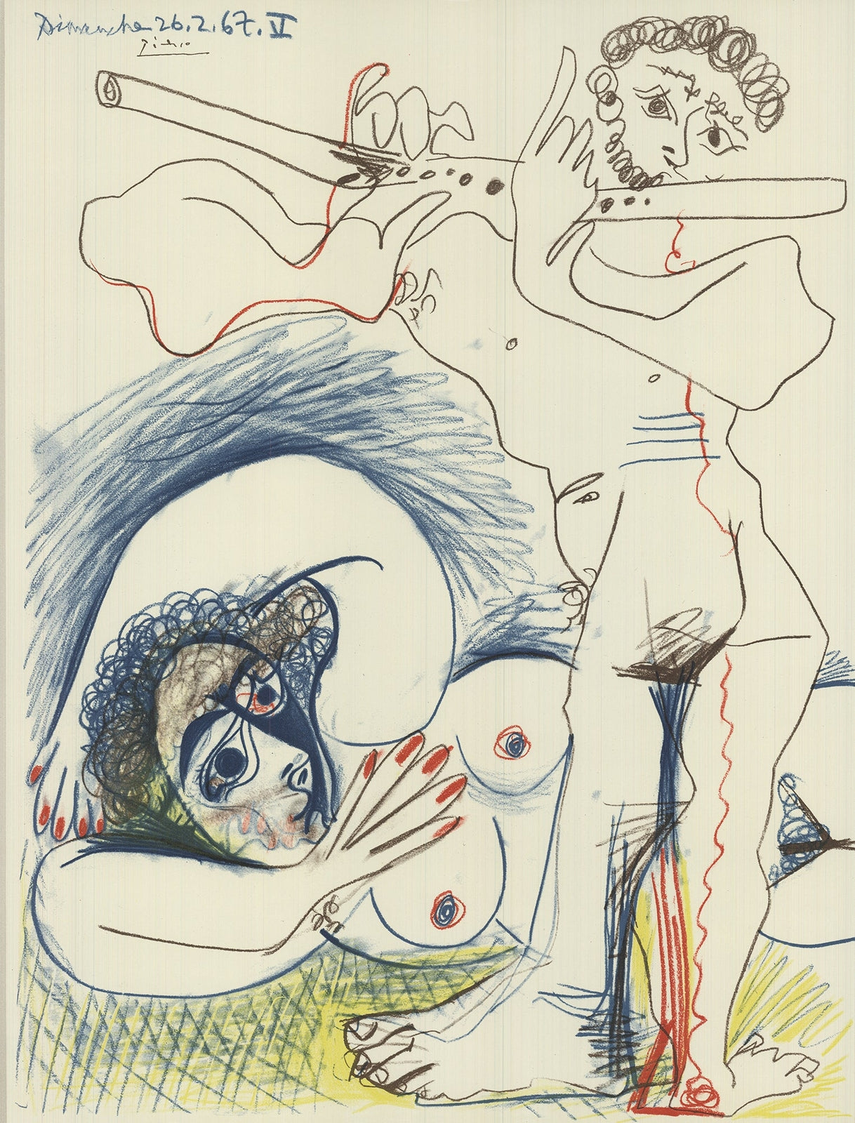 Pablo Picasso The Flutiste " Lithograph Cubism Blue Green Whit