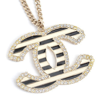 Chanel Necklace Coco Mark Striped Rhinestone Pendant Gold Color 06A Gp