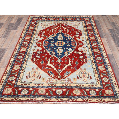 4'X6' Blue Seeripe Heris Design Soft Wool Hand Knotted Oriental Rug