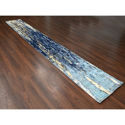2'6"X17'9" Blue Mosaic Design Wool And Silk Hand Knotted Xl Runner Rug