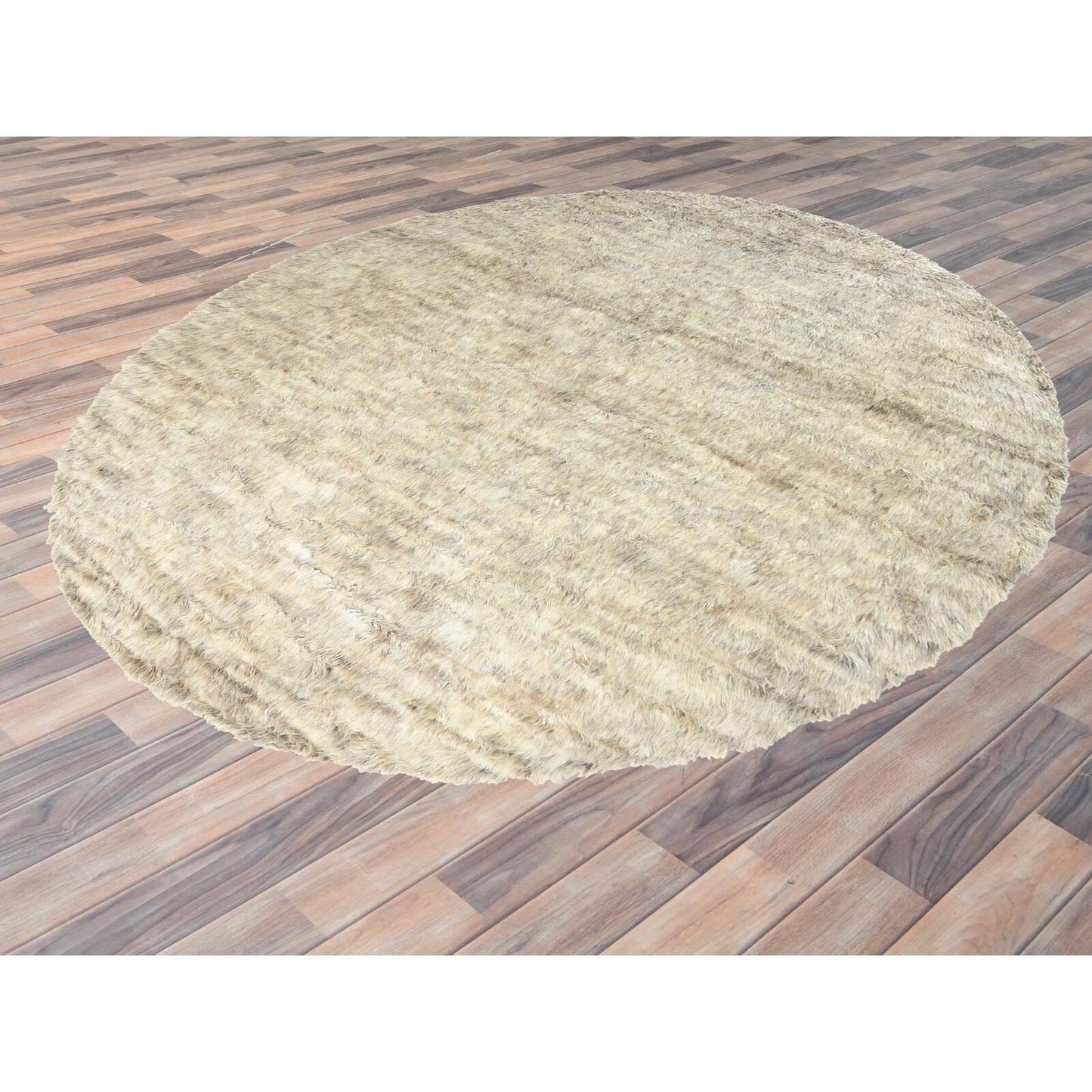 13'6"X13'6" Beige Shaggy Moroccan Wool Hand Knotted Round Rug