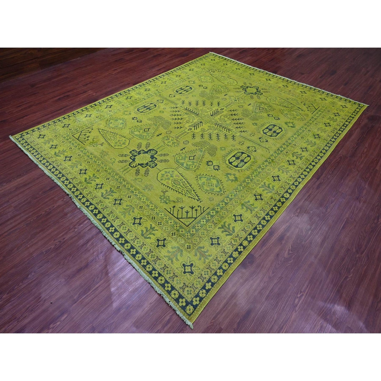 7'9"X9'8" Green Overdyed Kazak Geometric Pattern Hand Knotted Wool Rug