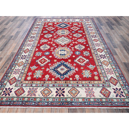 5'10"X8'8" Red Kazak With Geometric Medallions Design Wool Hand Knotted Rug