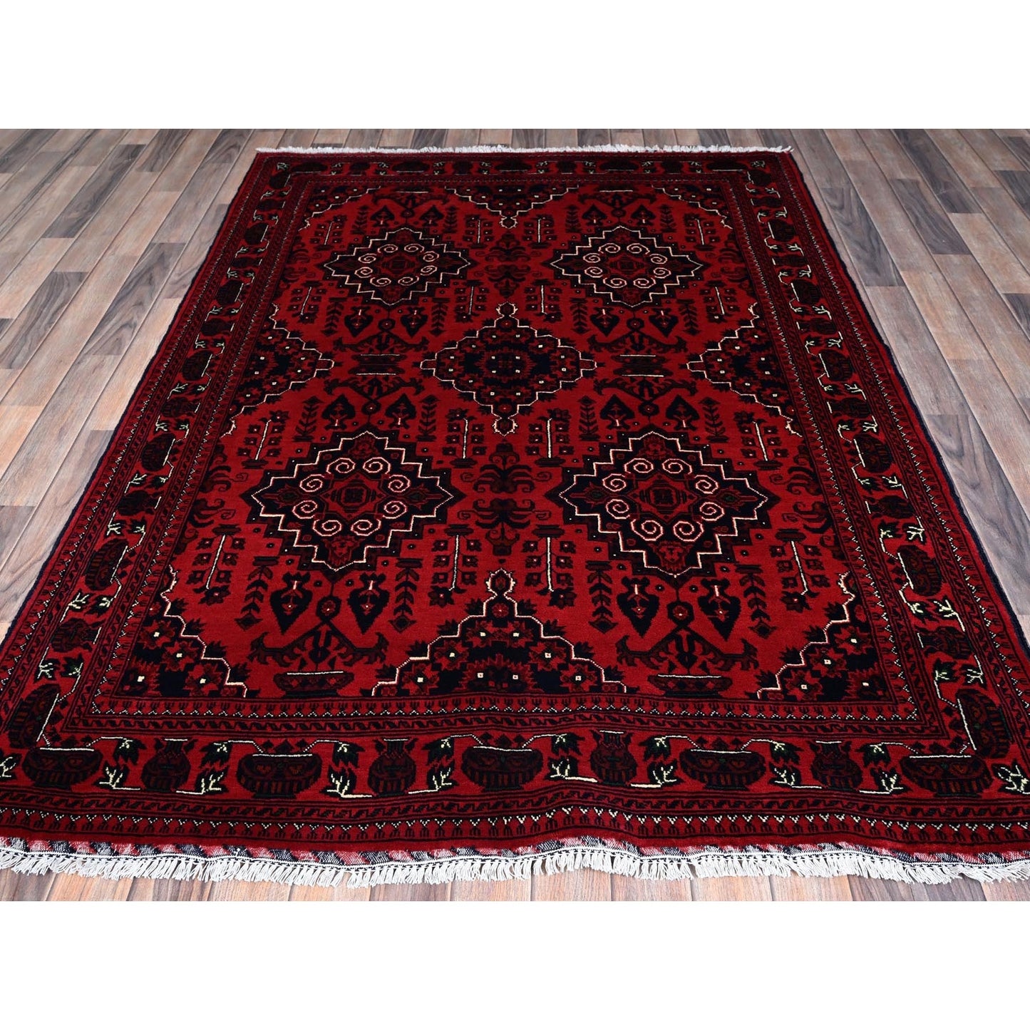 5'X7' Chili Red Hand Knotted Afghan Khamyab Geometric Design Pure Wool Rug