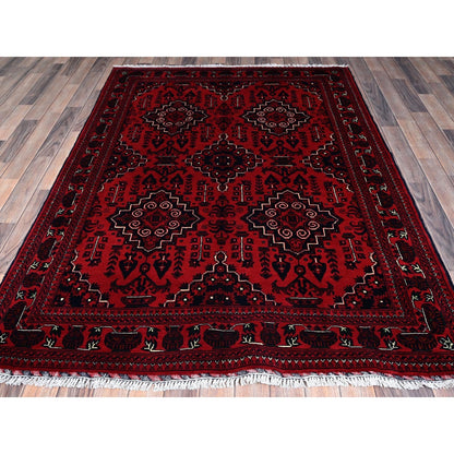 5'X7' Chili Red Hand Knotted Afghan Khamyab Geometric Design Pure Wool Rug