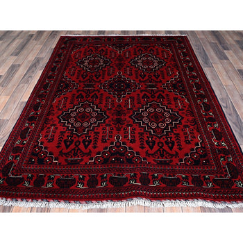 5'X7' Chili Red Hand Knotted Afghan Khamyab Geometric Design Pure Wool Rug