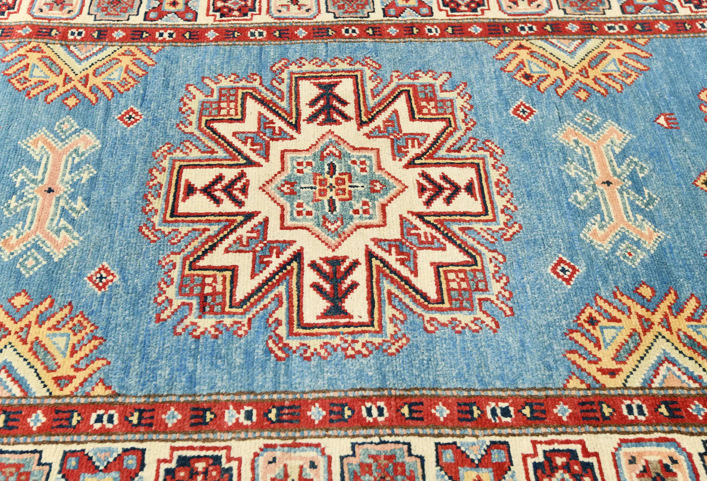 Tribal Geometric Kazak Runner Rug Blue Farmho