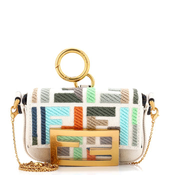 Fendi Chain Baguette Charm Bag Zucca Embroidered Canvas Nano