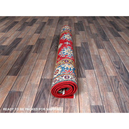 3'8"X4'10" Crimson Red Kazak With Tribal Motifs Hand Knotted Soft Wool Rug