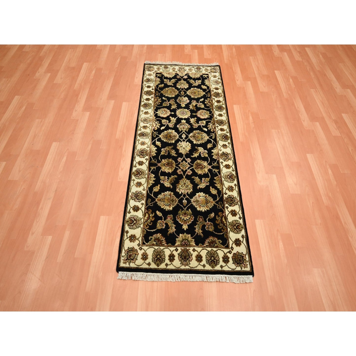 2'7"X6'2" Black Rajasthan Leaf Design Hand Knotted Wool & Silk Runner Rug