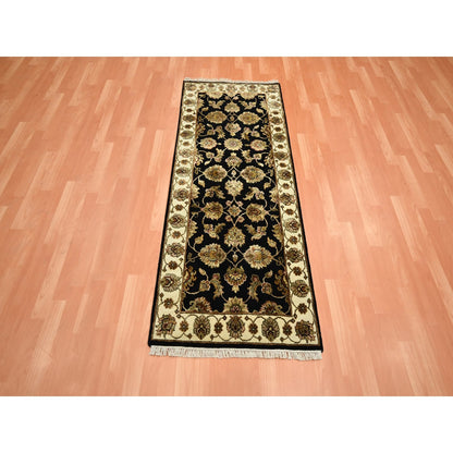 2'7"X6'2" Black Rajasthan Leaf Design Hand Knotted Wool & Silk Runner Rug