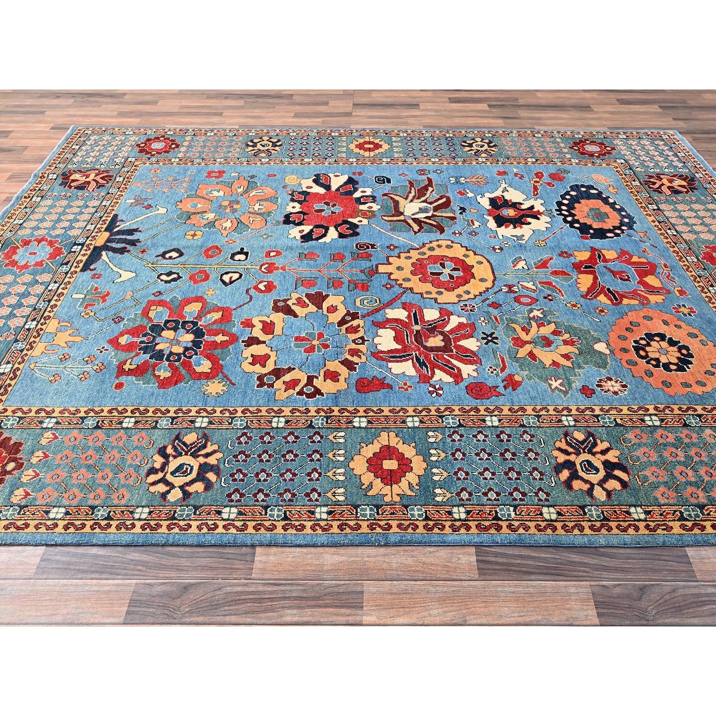 8'X10'4" Blue Wool Rug Afghan Peshawar Heris All Over Design Hand Knotted