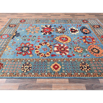 8'X10'4" Blue Wool Rug Afghan Peshawar Heris All Over Design Hand Knotted